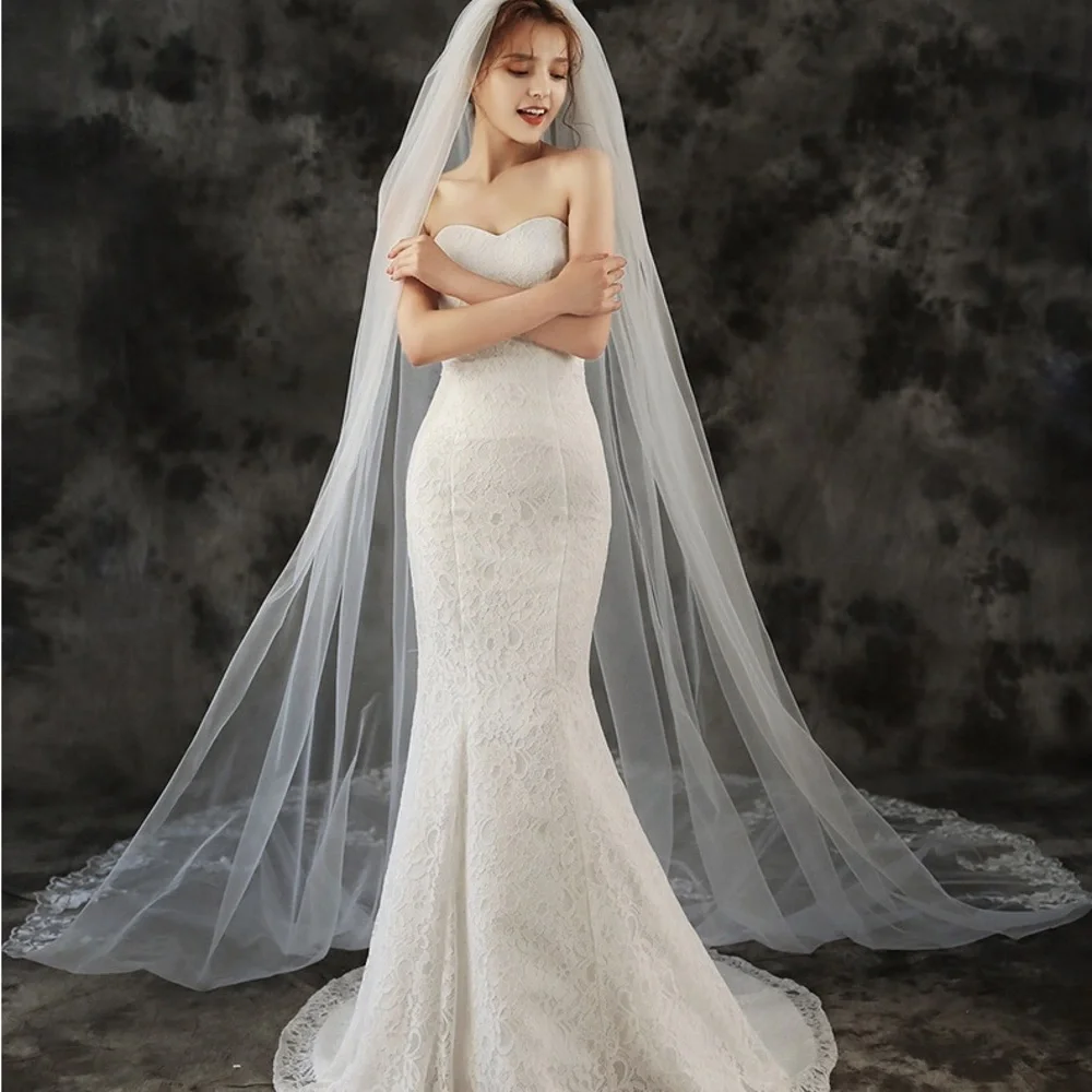 Elegant Long Bridal Veil with Lace Appliqué